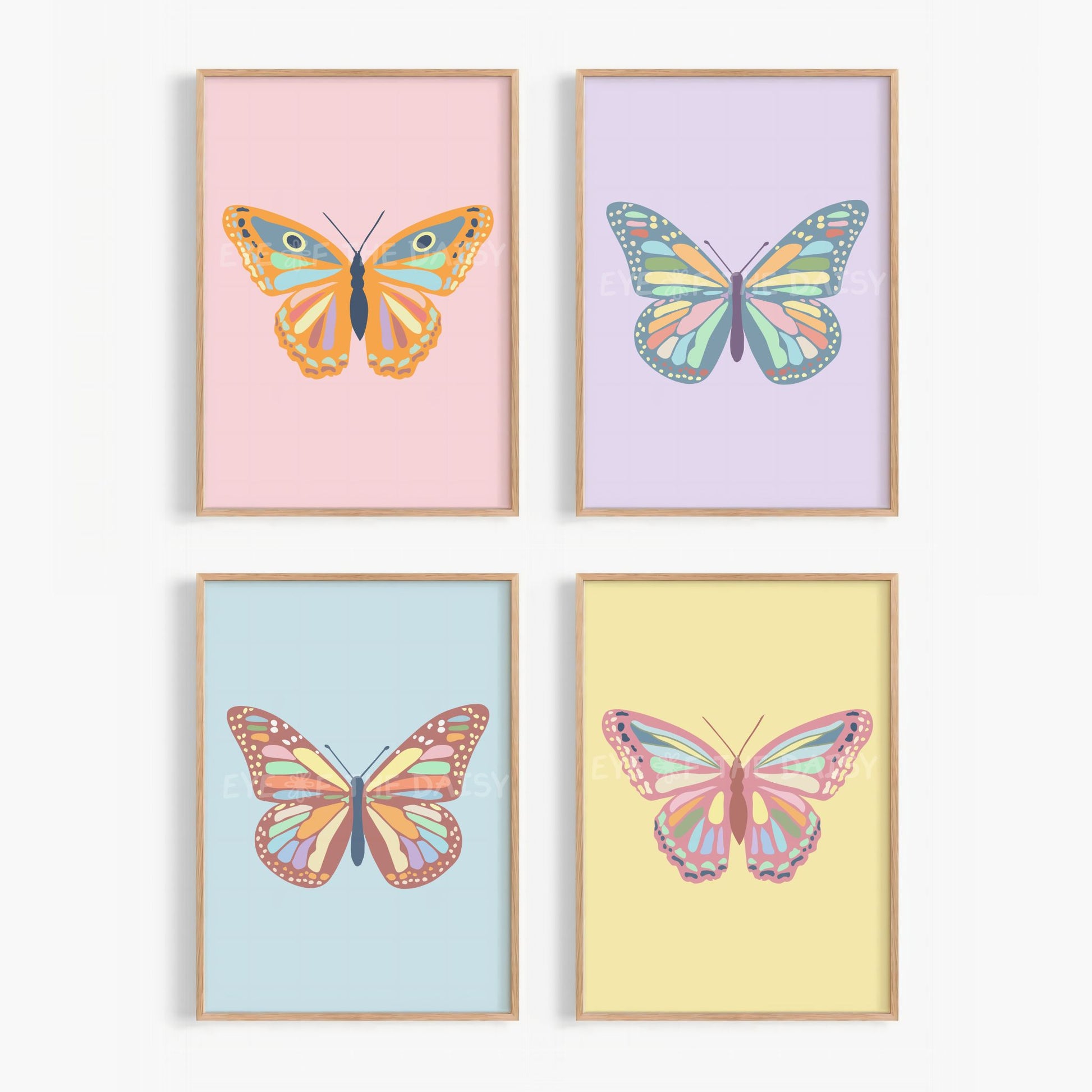 Colorful pastel butterflies printable wall print set of 4, in pink, lilac, lemon yellow and sky blue, great for nursery room decor