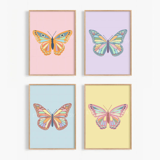 Colorful pastel butterflies printable wall print set of 4, in pink, lilac, lemon yellow and sky blue, great for nursery room decor