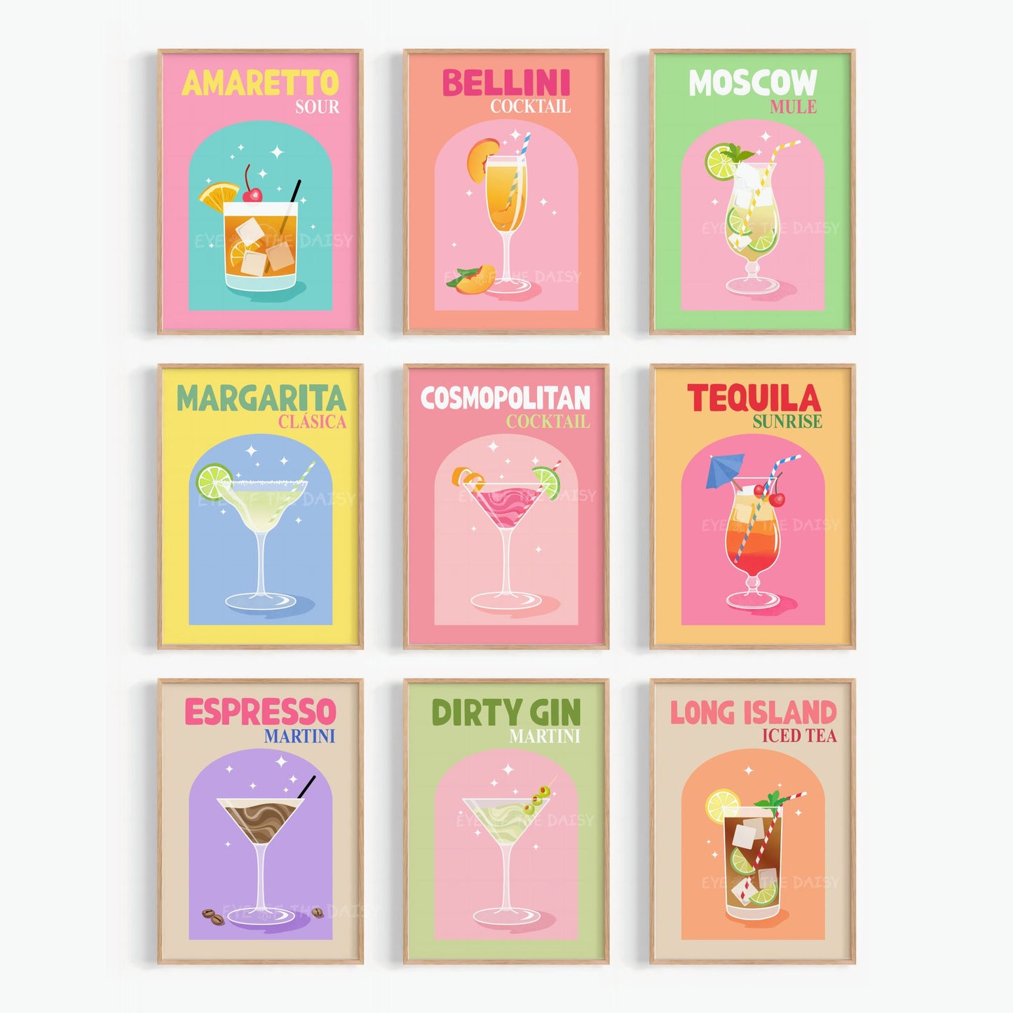 Set of nine colorful cocktail printable wall art, trendy retro drink print set of 9 for funky home bar or bar cart wall decor