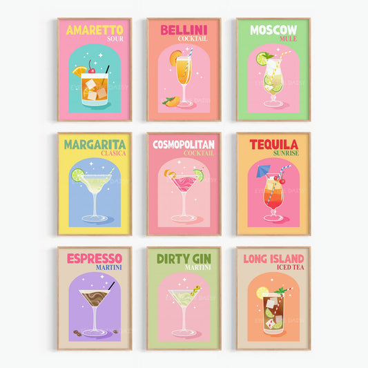Set of nine colorful cocktail printable wall art, trendy retro drink print set of 9 for funky home bar or bar cart wall decor