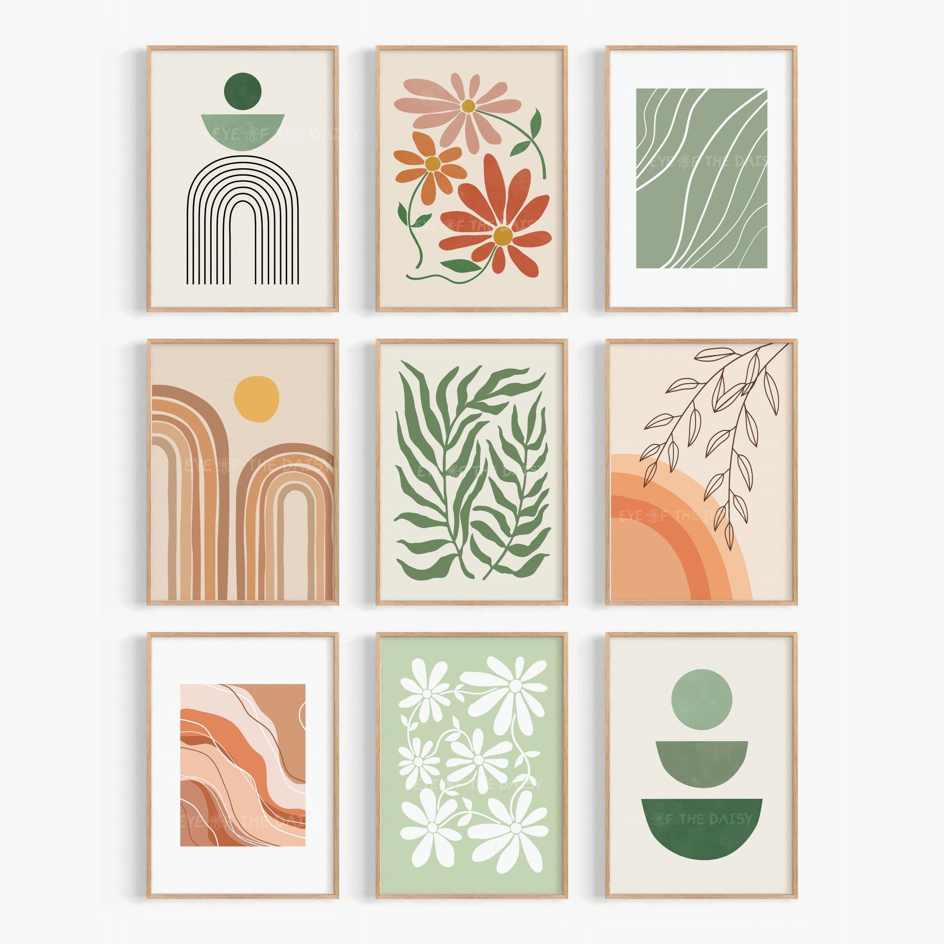 Set of nine boho art prints in terracotta, burnt orange, beige, sage green and olive green, with abstract botanical and organic shape designs
