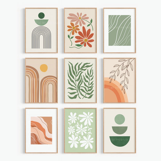 Set of nine boho art prints in terracotta, burnt orange, beige, sage green and olive green, with abstract botanical and organic shape designs