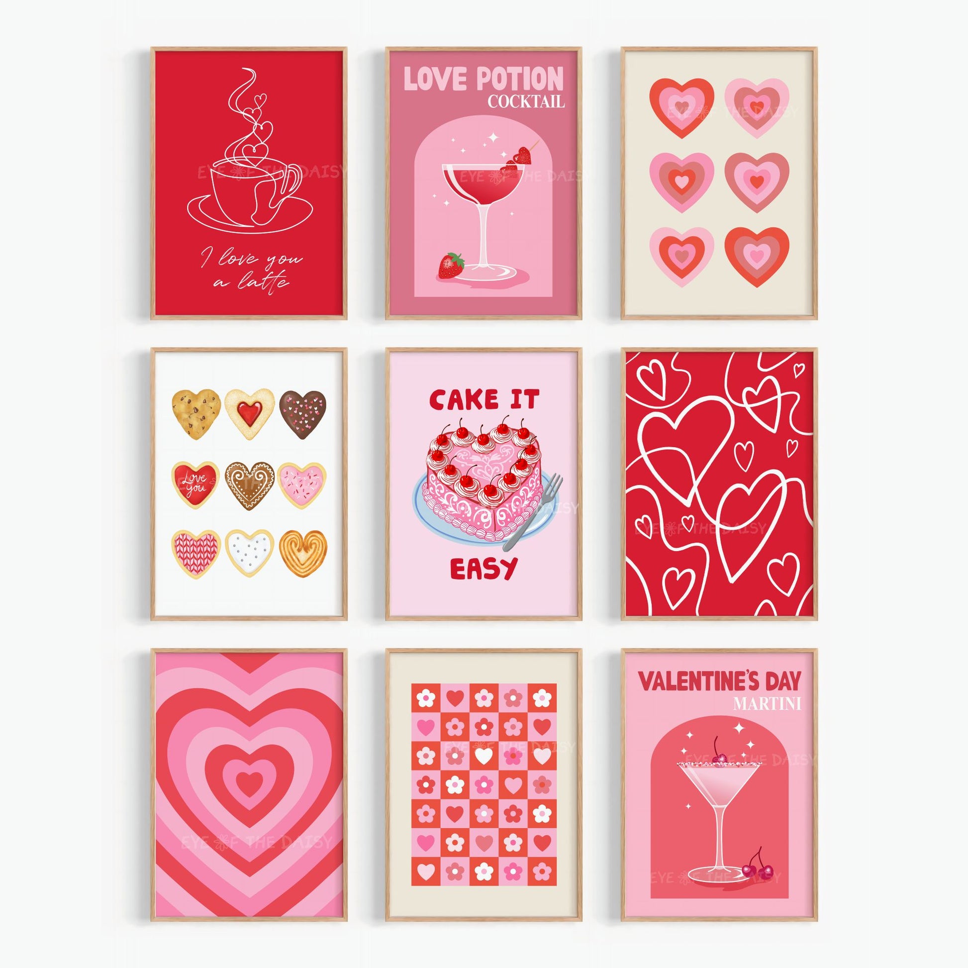 Valentine’s Day collage bundle of 9 hand drawn red and pink prints, printable wall art for trendy, preppy gallery walls or dorms