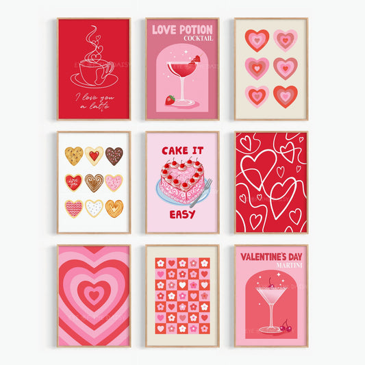 Valentine’s Day collage bundle of 9 hand drawn red and pink prints, printable wall art for trendy, preppy gallery walls or dorms