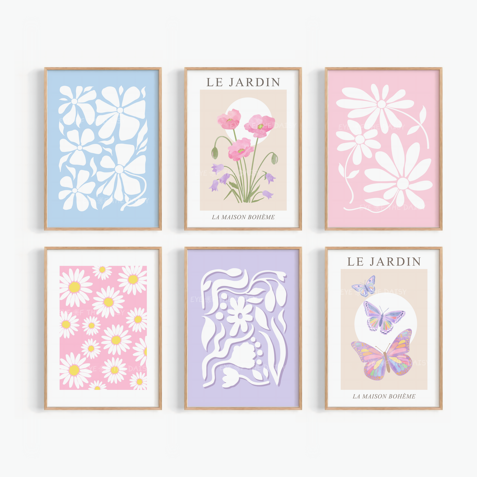 Set of 6 pastel abstract floral prints — digital download gallery wall art with soft pink, blue and lilac tones, perfect printable flower decor