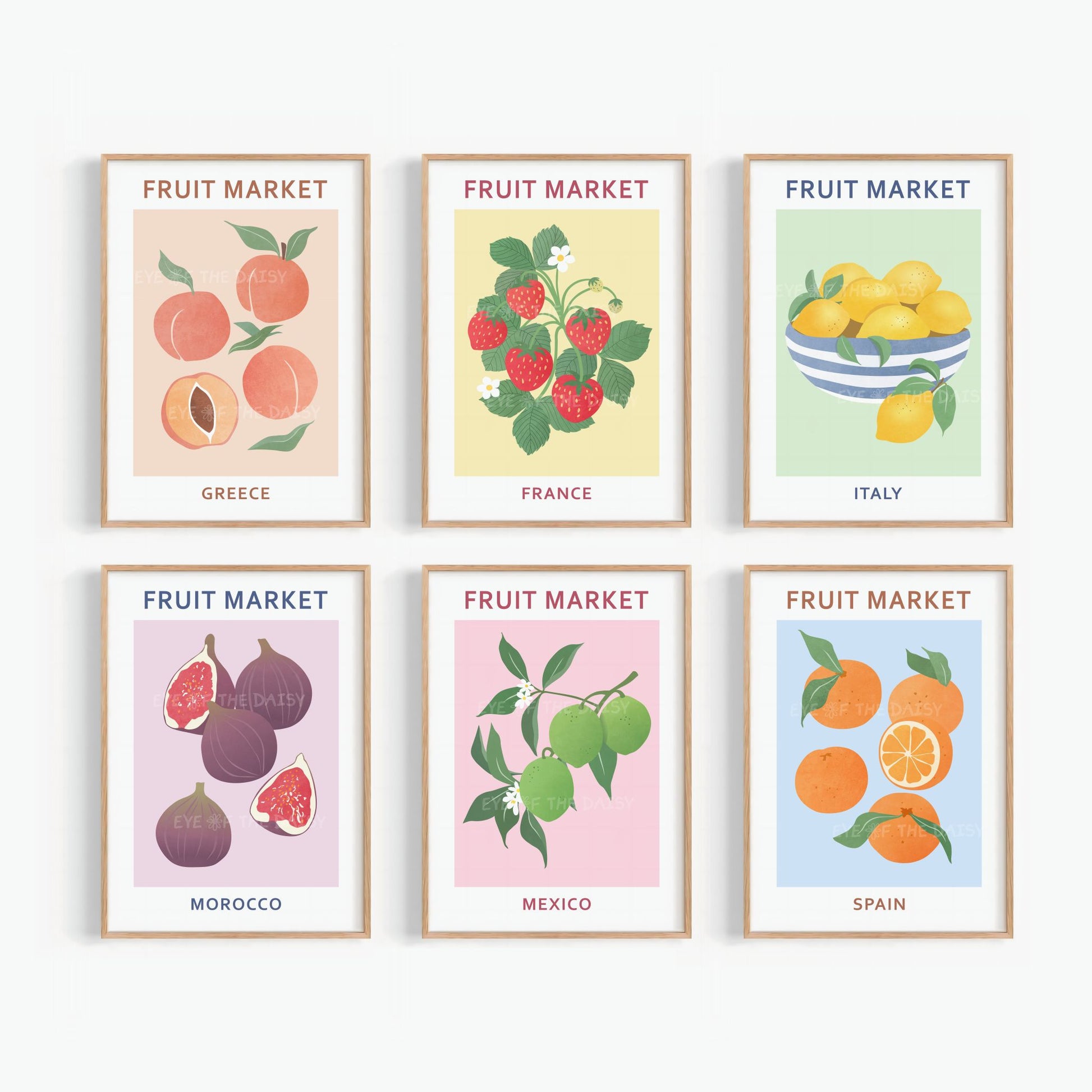 Fruit Market printable wall art set of 6 — vibrant abstract fruit prints for DIY gallery wall decor or digital download poster collection