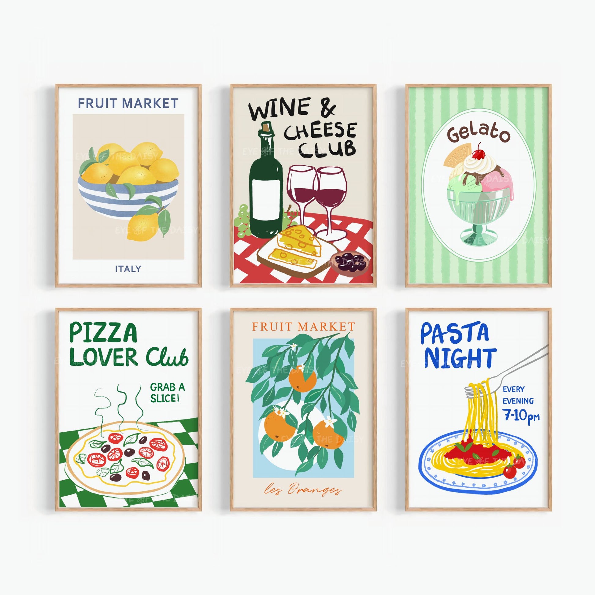 Set of 6 colourful modern food and drink printable wall art prints – digital downloads for kitchen or dining room decor