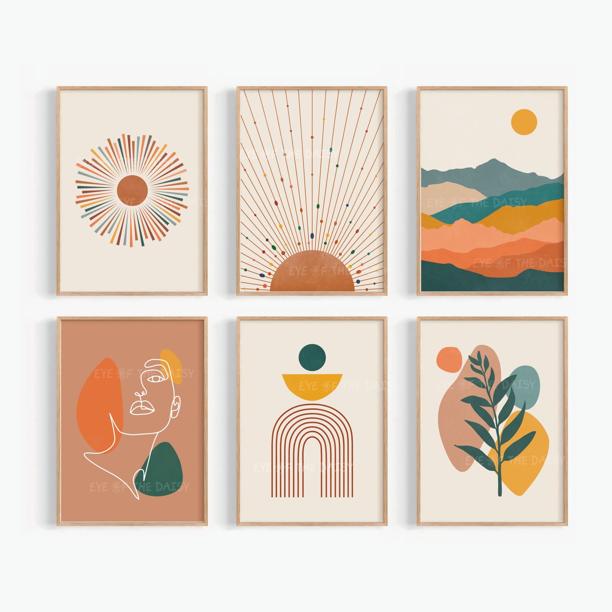 Set of six boho prints with abstract shapes, botanical and mid century modern sun designs in terracotta, burnt orange, mustard, beige and teal