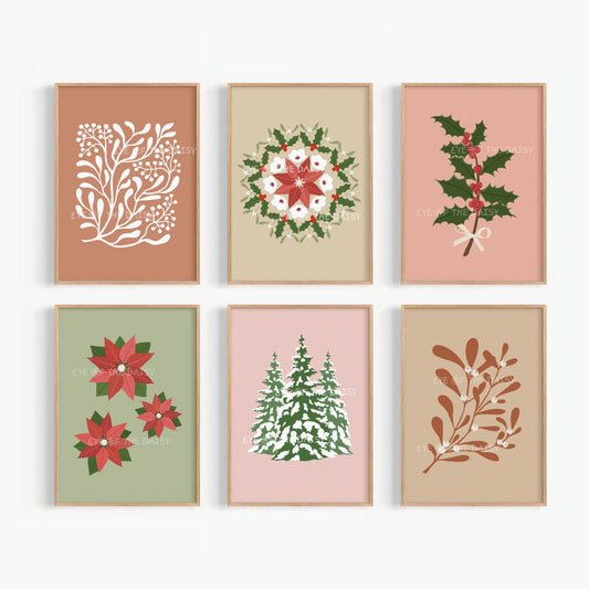 Set of 6 Christmas Botanical Prints Digital Download | Boho Holiday Printable Wall Art