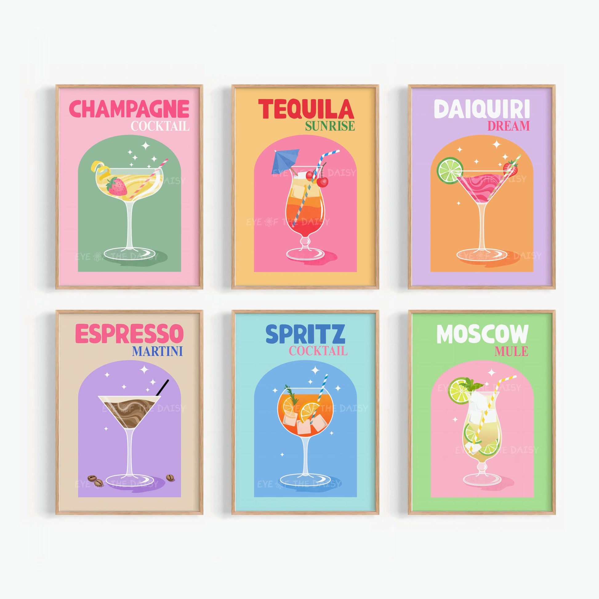 Set of six colorful cocktail printable wall art, perfect drink printable wall art for fun modern kitchen decor