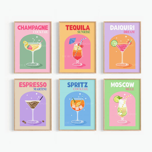 Set of six colorful cocktail printable wall art, perfect drink printable wall art for fun modern kitchen decor
