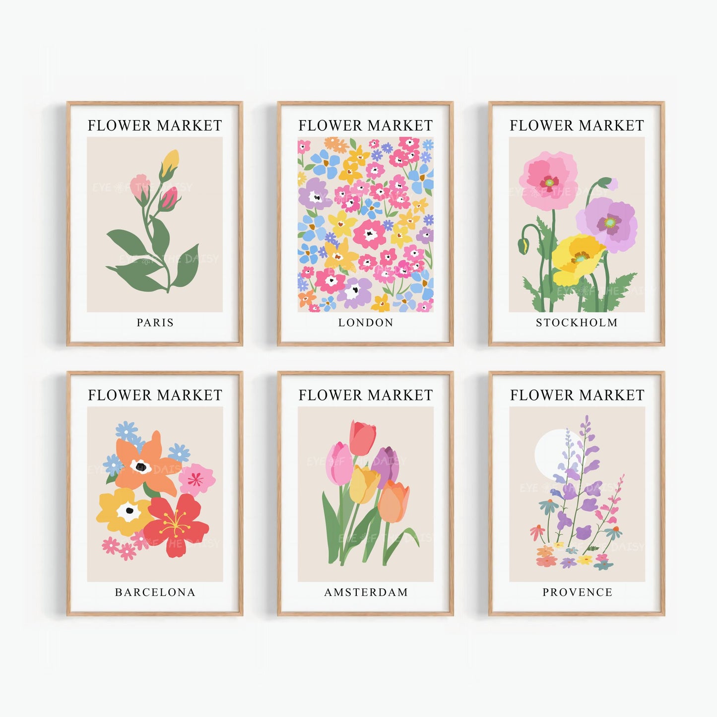 Set of six colourful flower market prints with different abstract floral illustrations and European city names