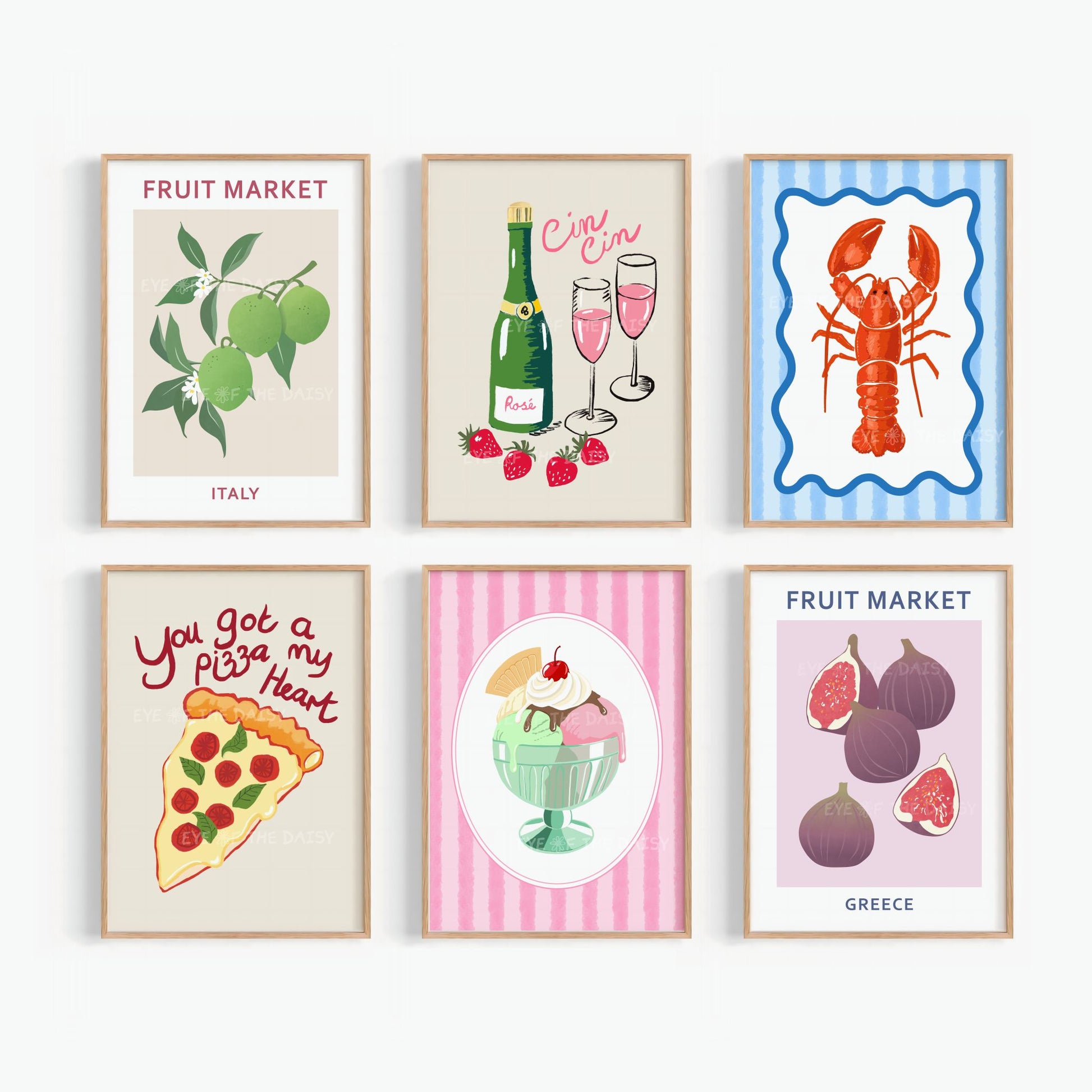 Set of 6 trendy foodie prints featuring, fruit market prints, Cin Cin Italian print, hand drawn lobster, funny pizza and gelato print, great dinner party prints