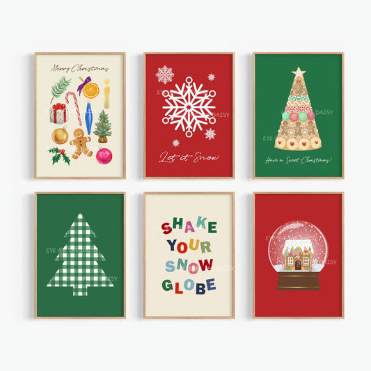 Set of 6 Modern Christmas Prints Digital Download | Maximalist Holiday Printable Wall Art