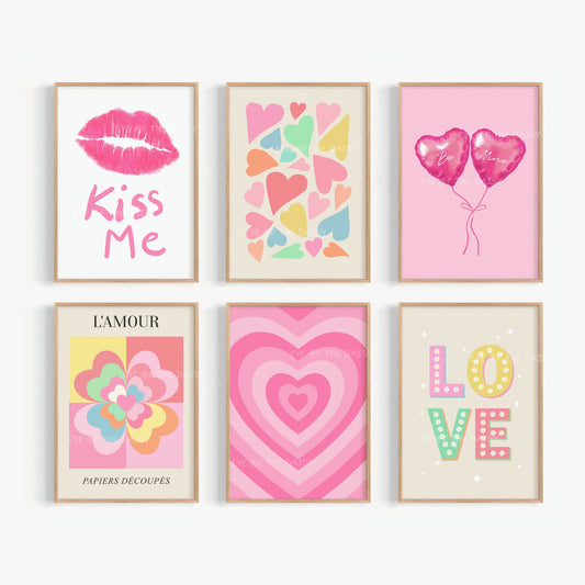 Valentine’s Day poster bundle of 6, hand drawn digital prints, pastel printable wall art for trendy, preppy gallery walls, cute girly decor