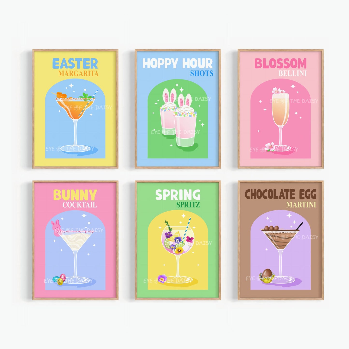 Easter cocktail printable wall art set, 6-piece Spring party poster bundle Easter bar sign decor
