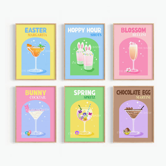 Easter cocktail printable wall art set, 6-piece Spring party poster bundle Easter bar sign decor