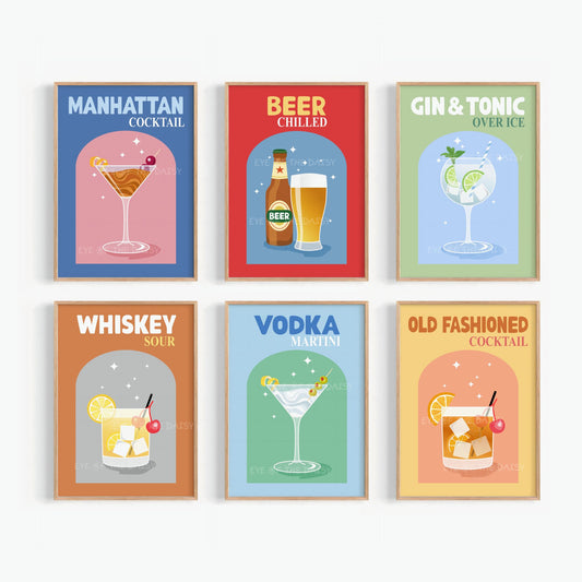Colorful abstract cocktail print set of 6, vibrant retro wall art, printable poster download for bar cart decor