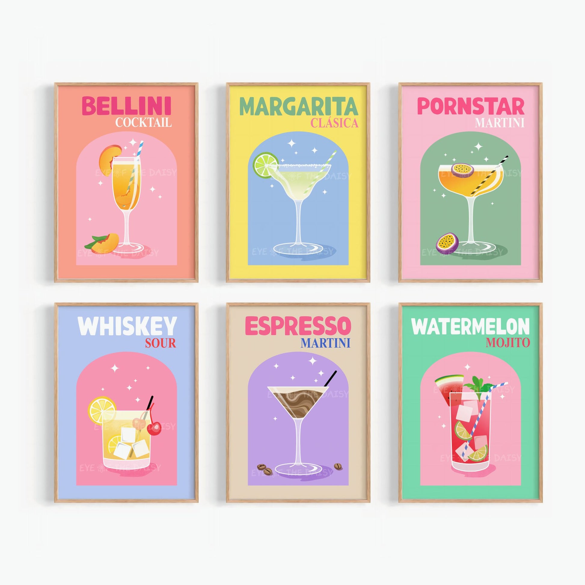 Gallery wall set of 6 cocktail prints, funky and colorful drink posters for modern apartment, bar cart or fun living room decor