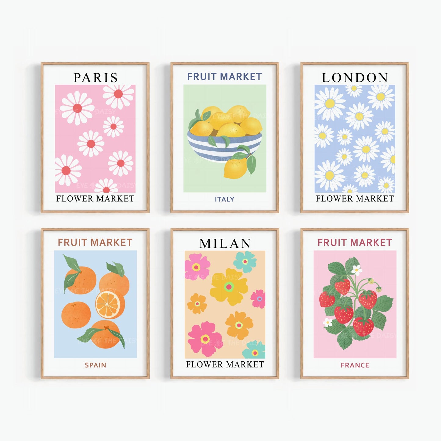 Vibrant fruit and flower market gallery wall set of 6 prints — abstract botanical printable wall art, perfect for dopamine decor