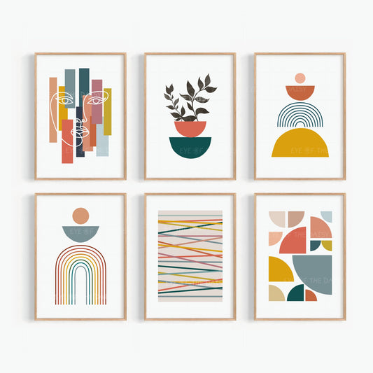Set of 6 mid century modern abstract printable wall art prints in mustard, teal, salmon and terracotta – digital download