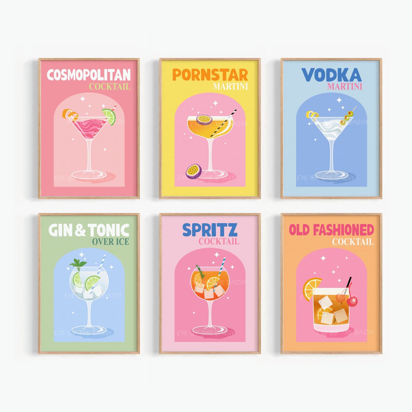 Set of six colorful cocktail posters showing a Cosmopolitan, a Vodka Martini, a Gin & Tonic, a Spritz and an Old Fashioned in retro style