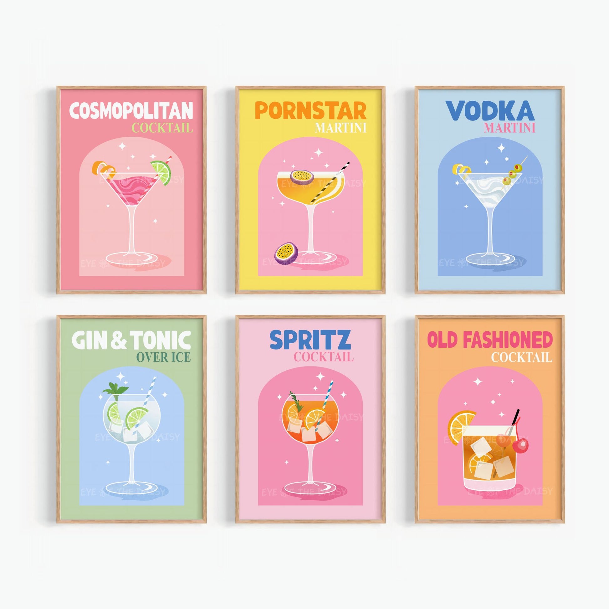 Set of six colorful cocktail posters showing a Cosmopolitan, a Vodka Martini, a Gin & Tonic, a Spritz and an Old Fashioned in retro style