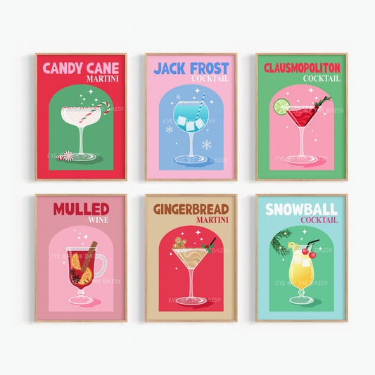 Set of 6 Christmas Cocktail Prints Digital Download | Retro Holiday Drink Printable Wall Art