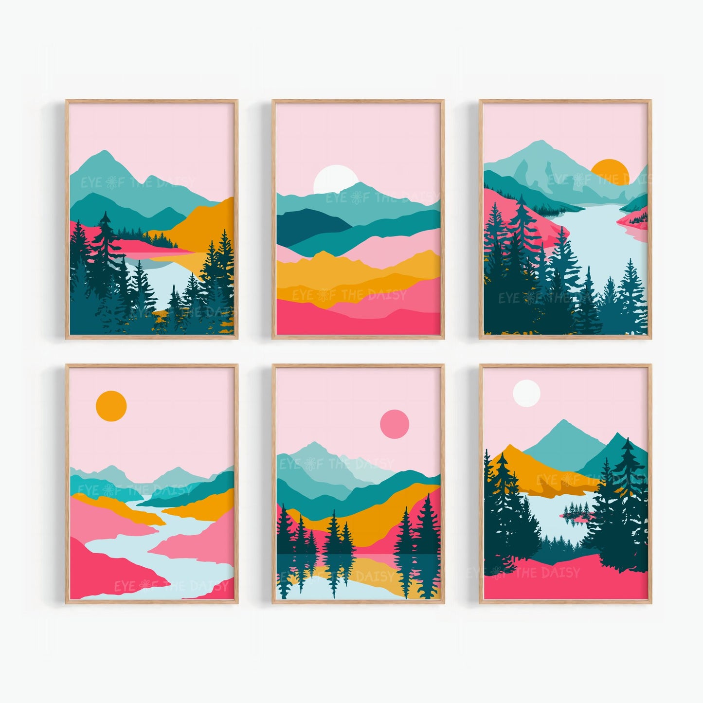 Bright abstract landscape gallery wall set of 6 – hot pink, orange, teal prints, downloadable art for bold retro living room decor