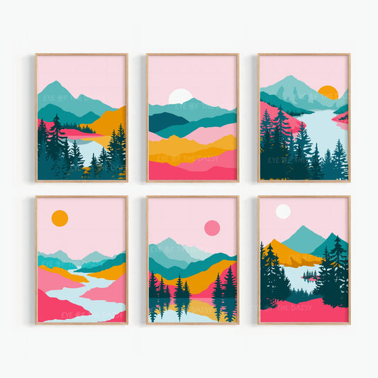 Bright abstract landscape gallery wall set of 6 – hot pink, orange, teal prints, downloadable art for bold retro living room decor