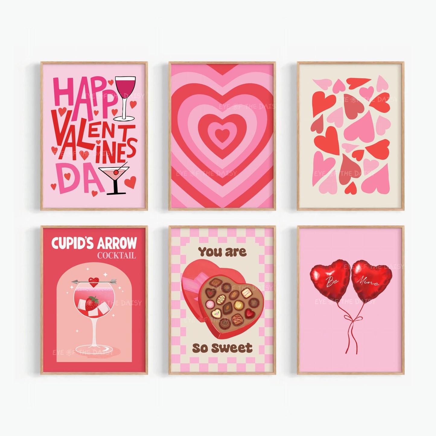 Valentine’s Day poster bundle of 6 hand drawn red and pink prints, printable wall art for trendy, preppy gallery walls or dorms
