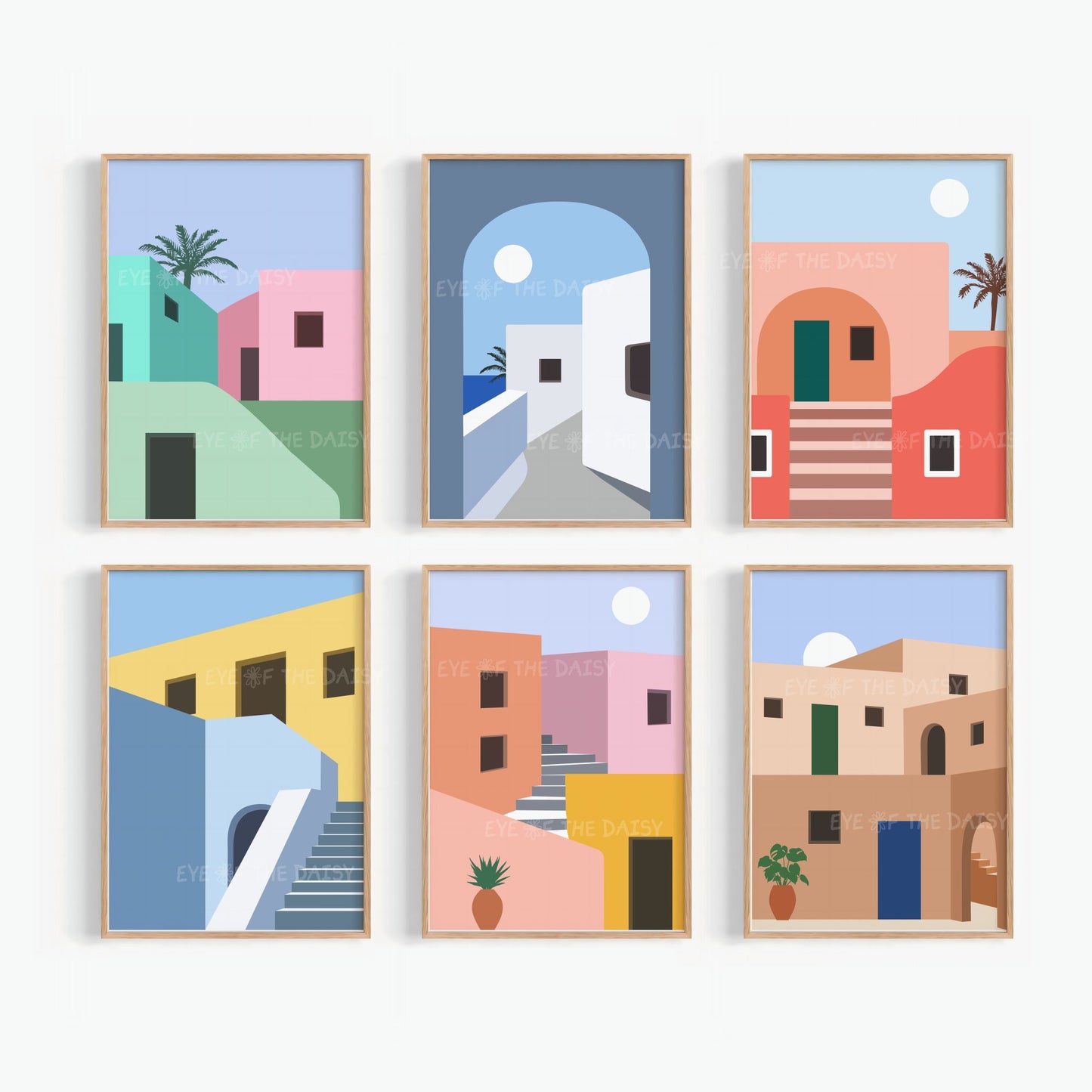 Abstract architecture prints set of 6 in vibrant colors, modern gallery wall set, printable poster download for living room