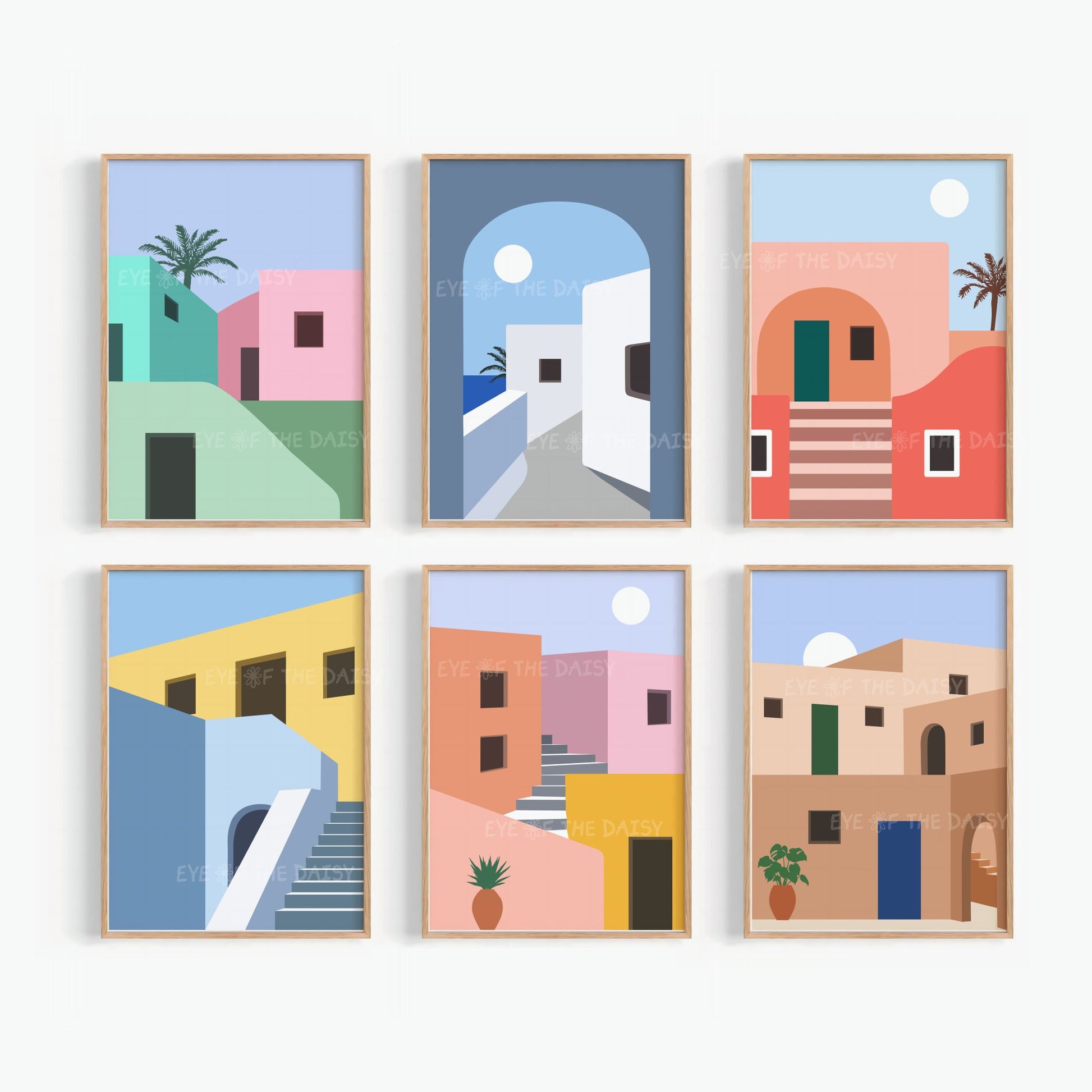 Abstract architecture prints set of 6 in vibrant colors, modern gallery wall set, printable poster download for living room