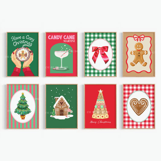 Set of 8 Vintage Christmas Prints Digital Download | Retro Holiday Printable Wall Art