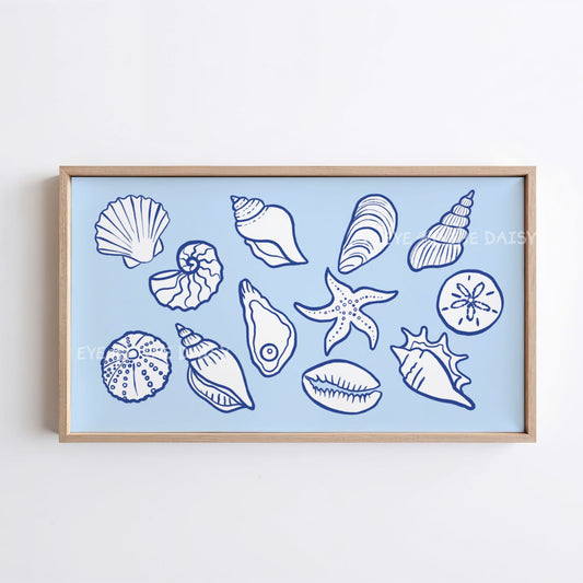 Pale Blue White Shells Sketch 4K TV Art | Modern Coastal Sea Shells TV Artwork 4K