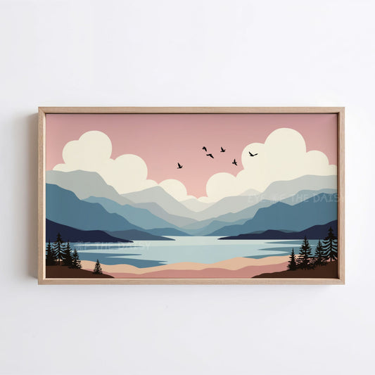 Minimal Abstract Landscape 4K TV Art | Mid Century Modern Mountains Trees Nature TV Art