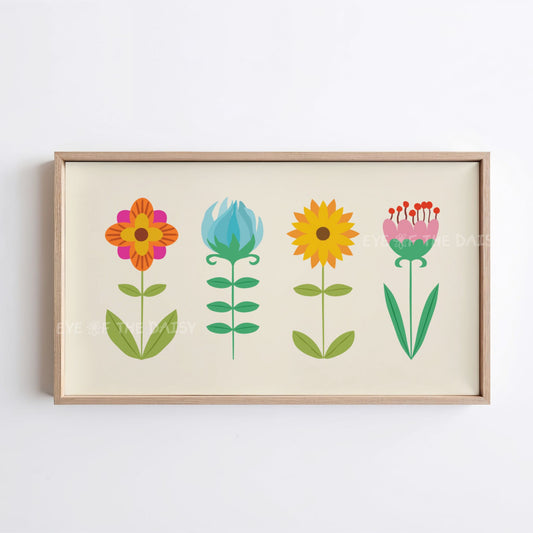 Nordic Folk Art Botanical 4K TV Art | Boho Colourful Scandi Flowers Art for Tv Screen 4K