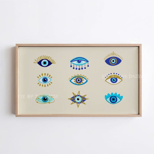 Blue Turquoise Gold Abstract Evil Eye 4K TV Art | Mediterranean Boho 4K TV Art