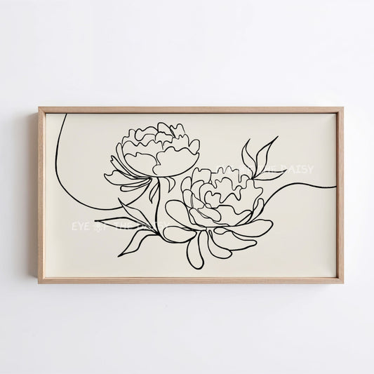 Black Beige Peony Line Drawing 4K TV Art | Minimal Botanical Sketch 4K TV Art