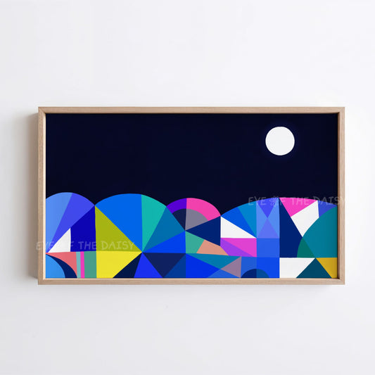 Navy Blue & Colourful Abstract Moonlit Landscape 4K TV Art | Geometric Art for TV Screen