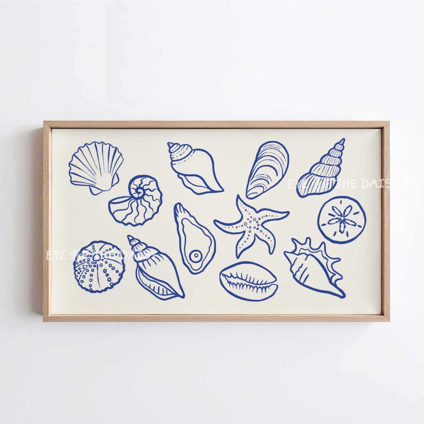 Navy Blue Beige Minimal Shells Sketch 4K TV Art | Modern Hamptons Coastal TV Artwork