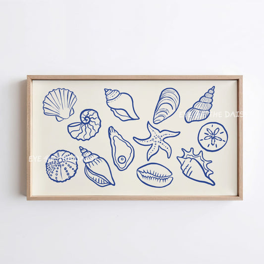 Navy Blue Beige Minimal Shells Sketch 4K TV Art | Modern Hamptons Coastal TV Artwork