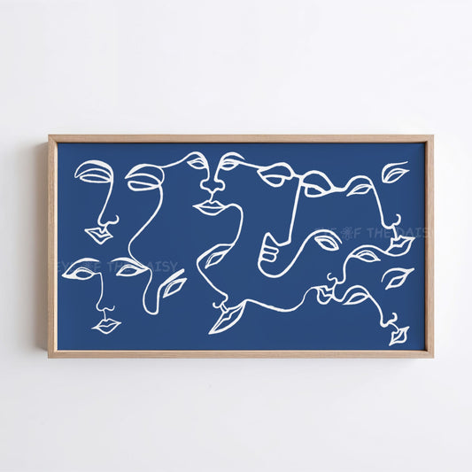 Navy Blue White Abstract Face 4K TV Art | Eclectic Face Line Art for TV Screen