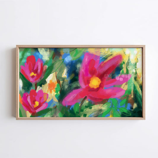 Vibrant Abstract Floral 4K TV Art | Bright Pink Yellow Green Contemporary Flowers 4K TV Art