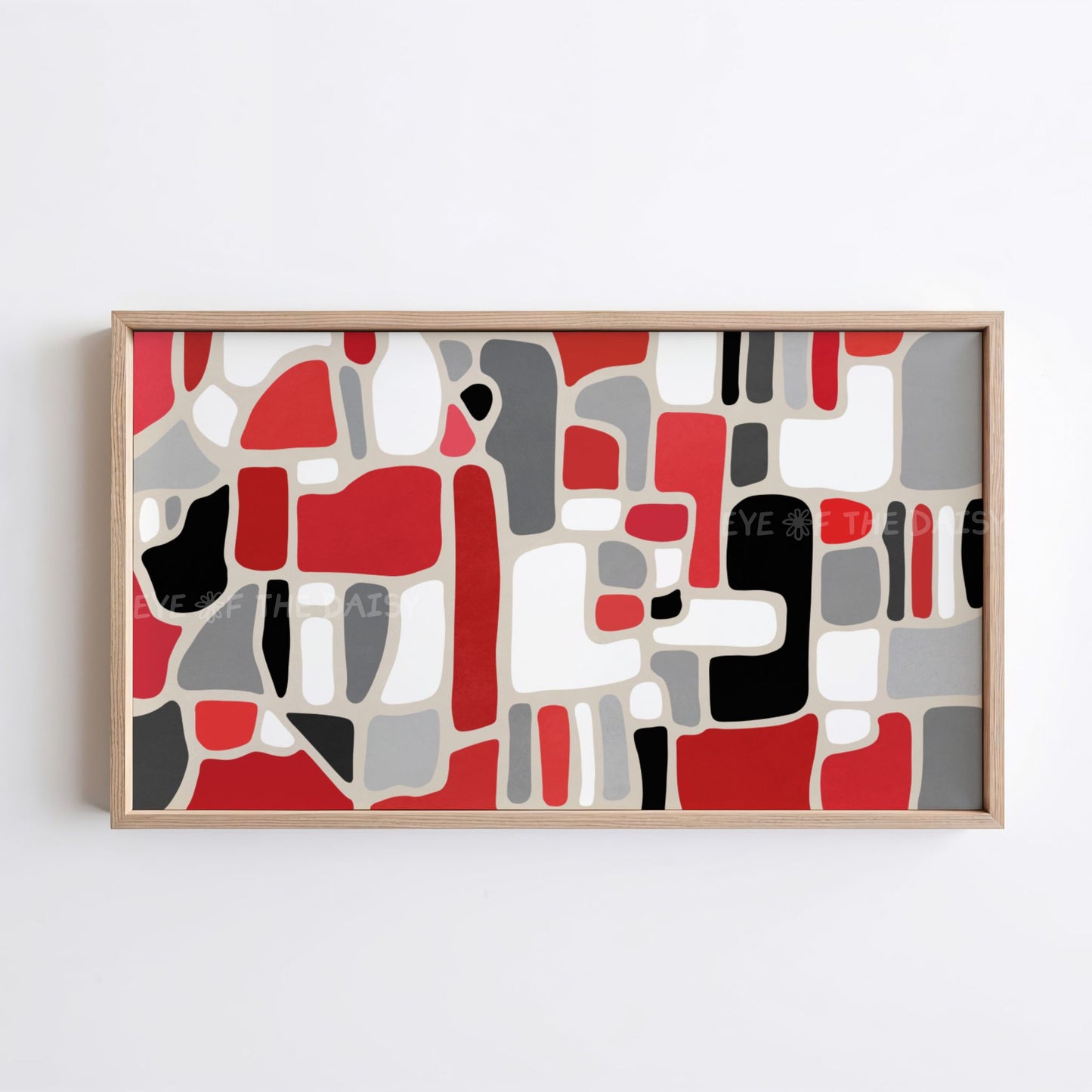 4K TV art digital download, hand drawn geometric shapes in red black grey and white, modern abstract screensaver