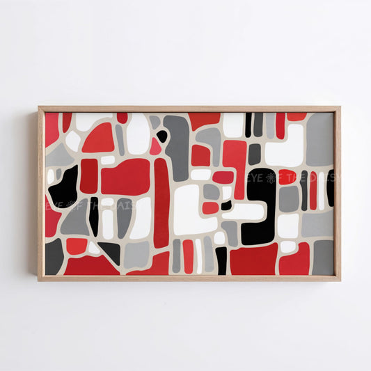 4K TV art digital download, hand drawn geometric shapes in red black grey and white, modern abstract screensaver