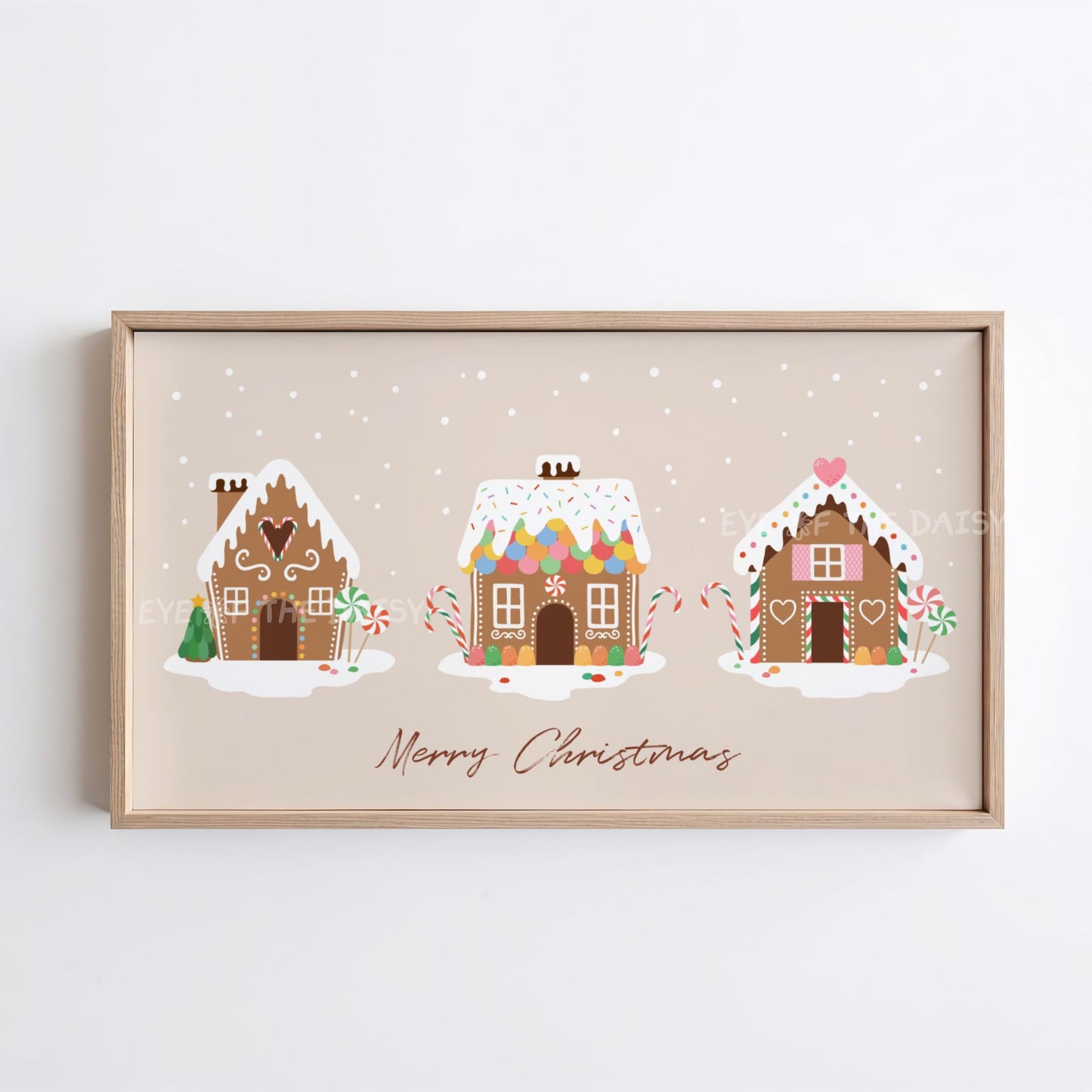 Beige Merry Christmas Phrase 4K TV Art | Neutral Holiday Gingerbread Houses TV Art 4K