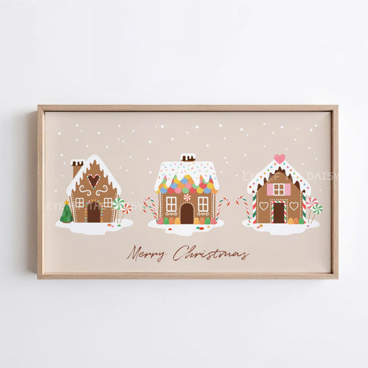 Beige Merry Christmas Phrase 4K TV Art | Neutral Holiday Gingerbread Houses TV Art 4K