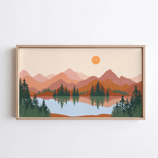 Boho Abstract Landscape 4K TV Art | Mid Century Modern Mountains Lake 4K TV Art