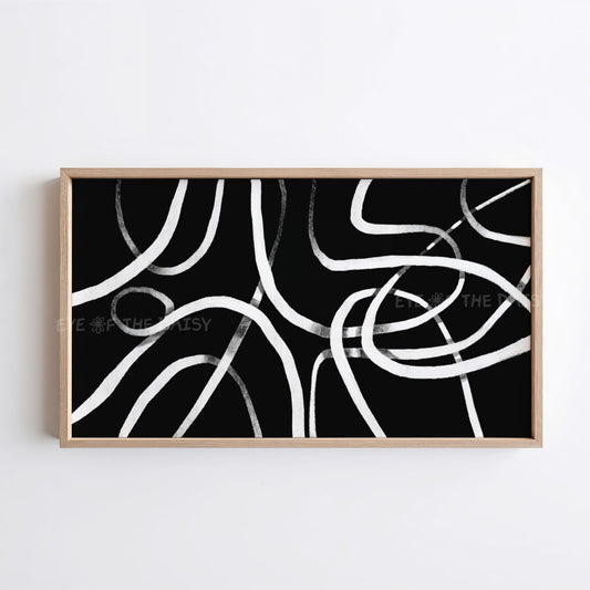 Quirky black and white abstract scribble line art 4K TV art, wabi sabi 4K TV art for eclectic living room decor